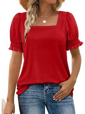 Women's 1 Red Square Neck Top Summer Casual Outfit Ruffle Trim Sleeve T Shirt